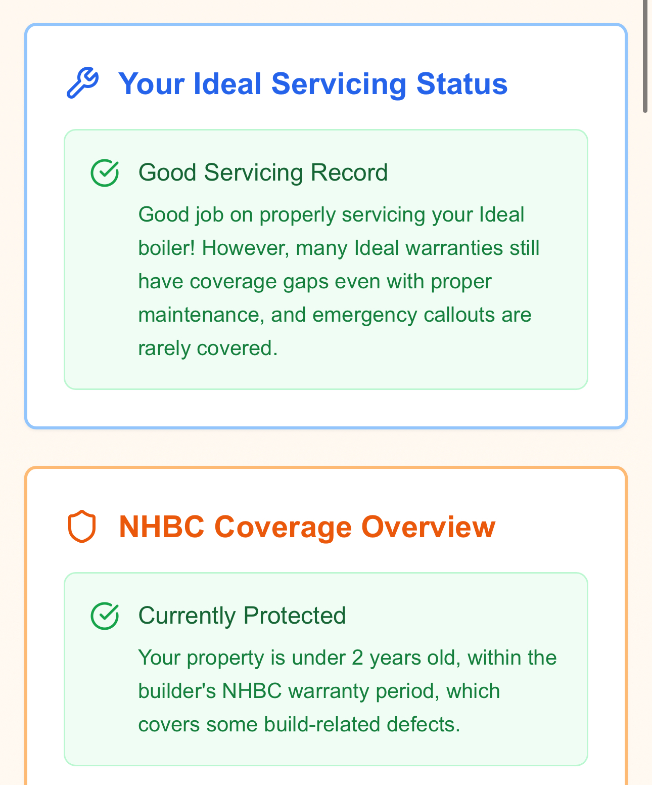 Coverage breakdown showing servicing and warranty status